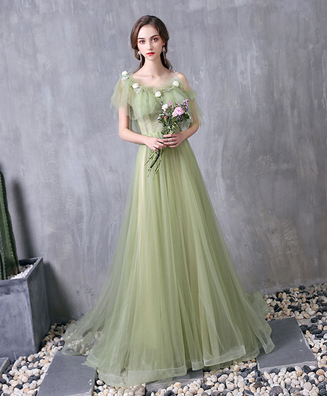 Green tulle lace long prom dress green ...